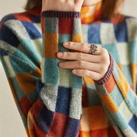 秋冬彩色棋盘格 高领百搭堆堆领长袖羊毛打底衫毛衣