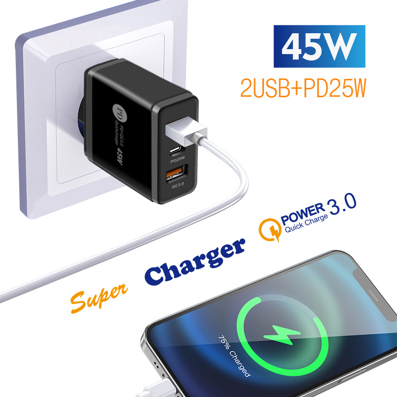 Neues PD45W-Schnellladegerät für Mobiltelefone 5V4A Britischer Standard PD+2USB Multi-Port-Adapter-Ladekopf_voghion.com