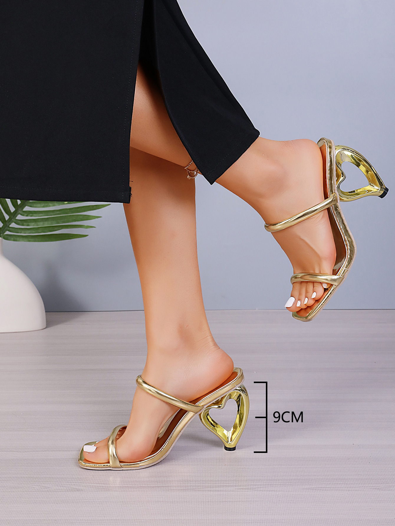 European and American new summer golden special-shaped high-heeled slippers for women cross-border fashion square toe sandals wholesale large size_voghion.com