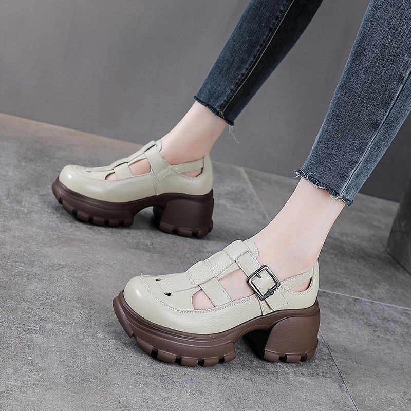 Sandal La Mã nữ da bò đế dày thoáng khí — màu nâu