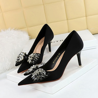 18249-AH3 European and American Style Light Luxury Banquet Women's Shoes High Heel Thin Heel Shallow Mouth Pointed Rhinestone Bow Tie Single Shoe Women