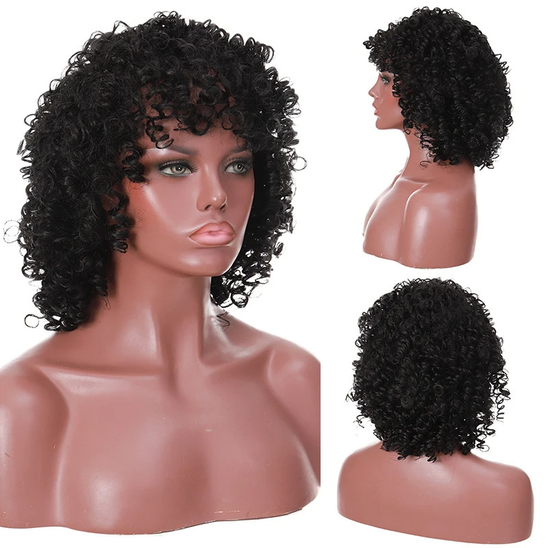 short african quirky curly hair women synthetic wig heat resistant hair fluffy african american natural brunette wholesale