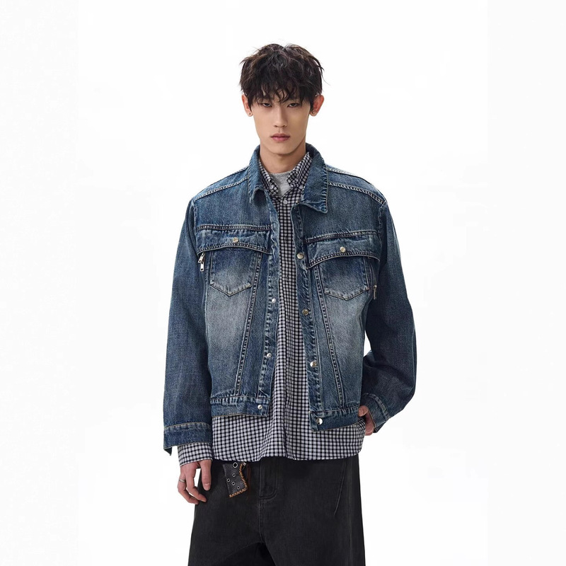 Cross-Border Spring and Autumn Fashionable Retro High Street Niche Designer Short Denim Jacket Men's Distressed Loose Jacket