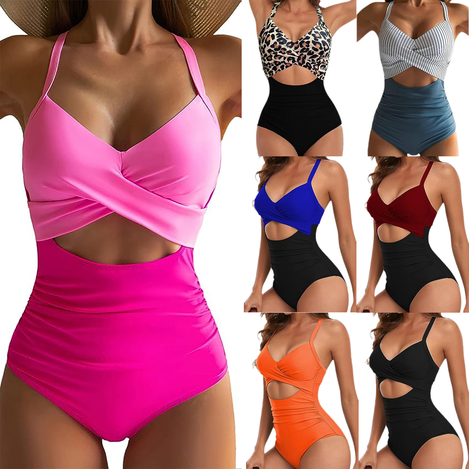 Traje de baño de una pieza de color sólido para mujer, estilo europeo y americano, sin espalda, con estampado de leopardo cruzado, sexy, bikini, ropa de baño. image 3