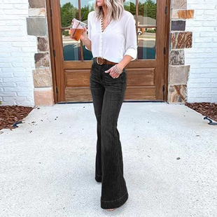 European and American Cross-Border Foreign Trade Thin Fashionable High-Waisted Multi-Color Micro-Elastic Flared Wide-Leg Washed Denim Trousers for Women