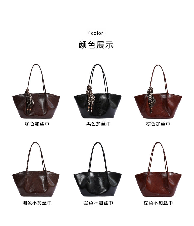 Túi tote nữ đeo vai thiết kế tối giản dáng shopping cỡ lớn — Cà phê màu lụa miễn phí khăn, Khăn lụa đen, Nâu lụa miễn phí khăn, Màu cà phê với khăn lụa chi tiết 3