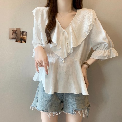 フリル V ネックシフォン半袖シャツ女性の夏の新しい大きいサイズファット mm ルーズお腹カバーシャツフレンチトップ|undefined