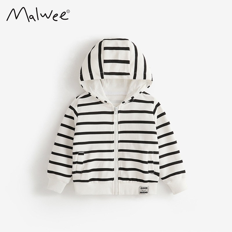 Malwee transfronterizo chaqueta a rayas para niños otoño y invierno nuevo estilo de manga larga para niños europeos y estadounidenses con cremallera con chaqueta encapuchada