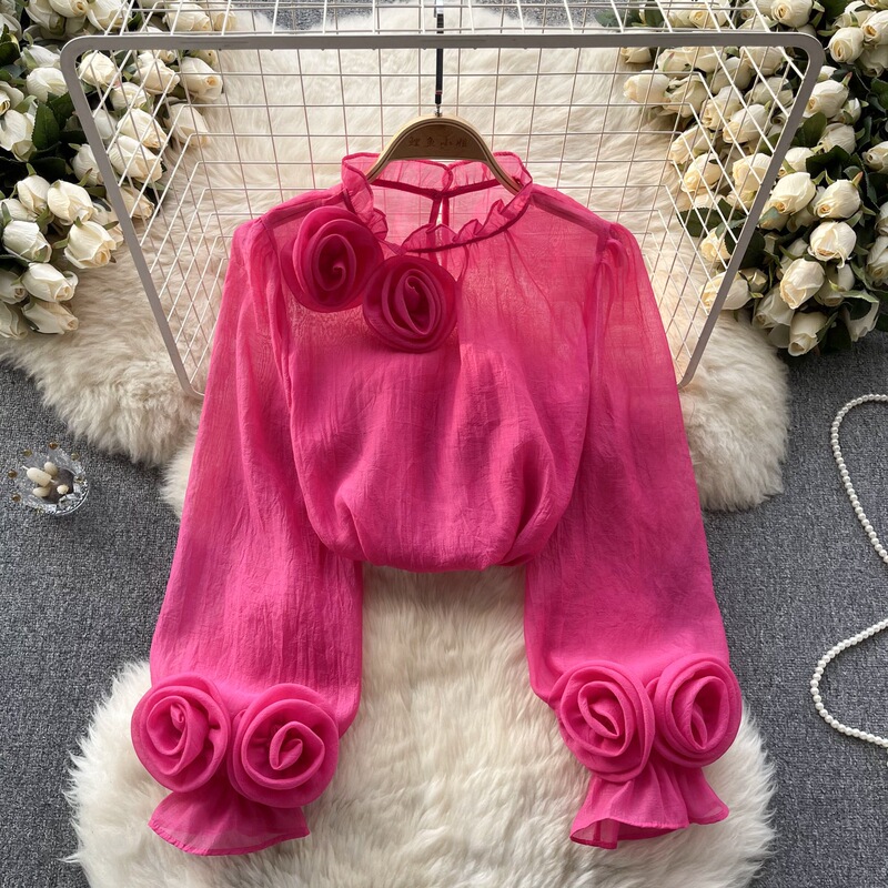 French-Style Women's Shirt with Unique Design, 3D Floral Puff Sleeves, Youthful and Versatile, Solid Color Chiffon Long-Sleeve Top