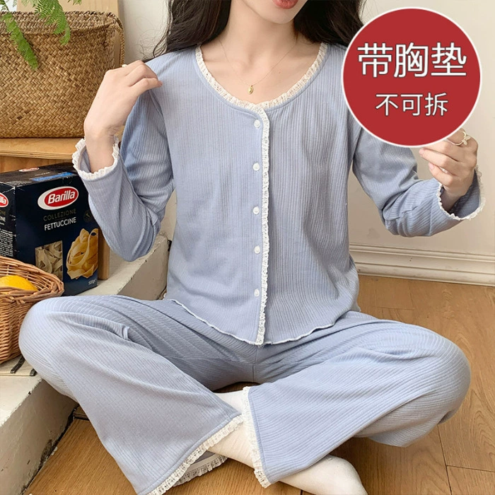 Пижама демисезонная женская (Brand) — длинный рукав и брюки, корейский принцесc-стиль, с вкладышем в грудь