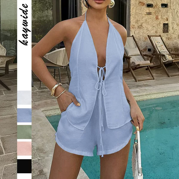 Kaikuo 2025 Spring and Summer Casual Suit Halter Sexy Lace-Up Top High-Waisted Pants Two Pieces European and American Cross-Border Women's Clothing
