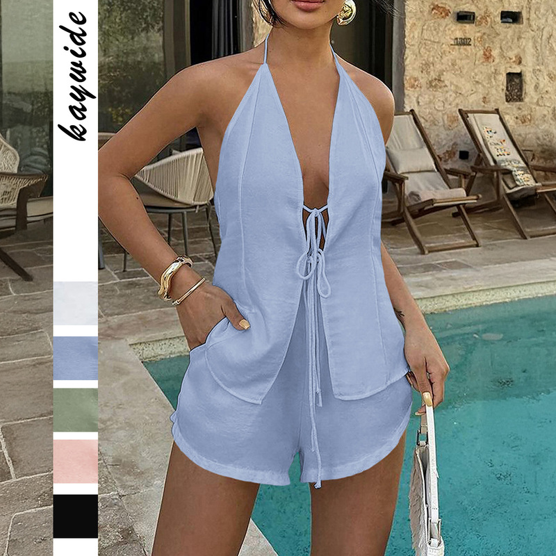 Kaikuo 2025 Spring and Summer Casual Suit Halter Sexy Lace-Up Top High-Waisted Pants Two Pieces European and American Cross-Border Women's Clothing Kaikuo 2025 Spring and Summer Casual Suit Halter Sexy Lace-Up Top High-Waisted Pants Two Pieces European and American Cross-Border Women's Clothing