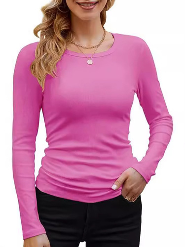 2024 Cross-border Women's Amazon Women's Ribbed Cotton Fabric Basic Round Neck Solid Color Long Sleeve T-shirt Slim Fit