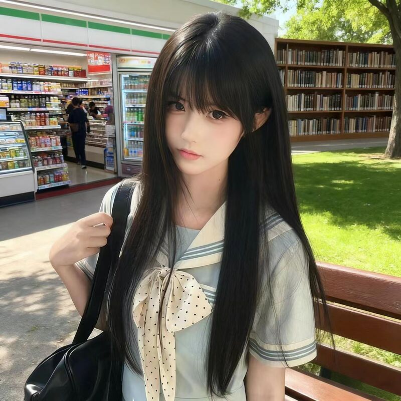 Wig Female Long Hair Age-Reducing Lolita Black Long Straight Bangs Universal Cos Wig Jk Black Long Straight Full Headgear
