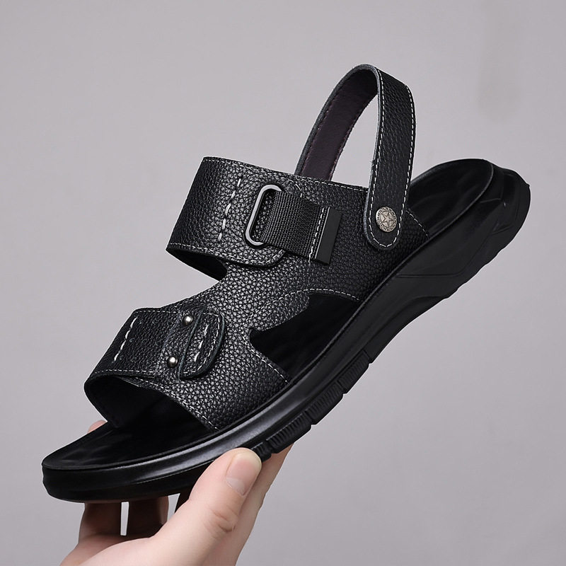 Dép sandal nam da bò lớp đầu đế dày kiểu hở ngón đi biển — Màu nâu, màu đen