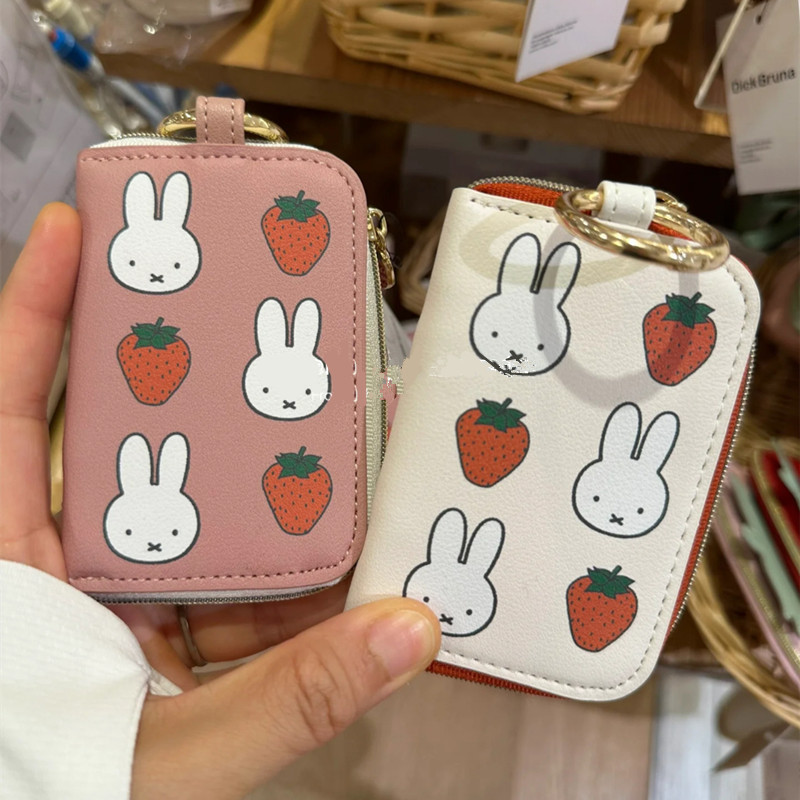 Japanese style Miffy strawberry pattern coin purse, cute cartoon girl's PU leather key pouch, card holder, bag charm