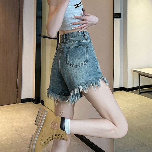 Women's Summer Retro High-Waisted ripped denim shorts with frayed edges, distressed loose wide-leg A-line hot pants, trendy Insta style