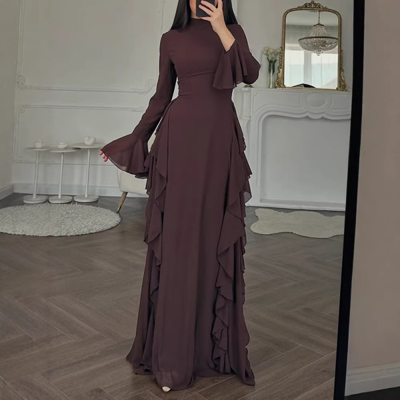 Cross-Border Amazon 2026 New Model Temu European and American Women's Clothing Elegant Casual High-Waisted Solid Color Bell-Sleeve Dress