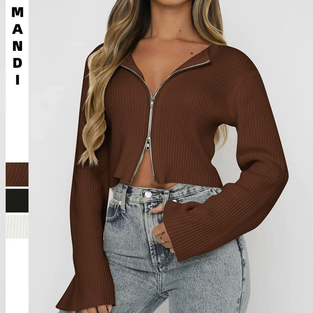 2025 новая осенне-зимняя трансграничная европейская и американская одежда Amazon женский сексуальный однотонный свитер-кардиган на молнии с длинными рукавами