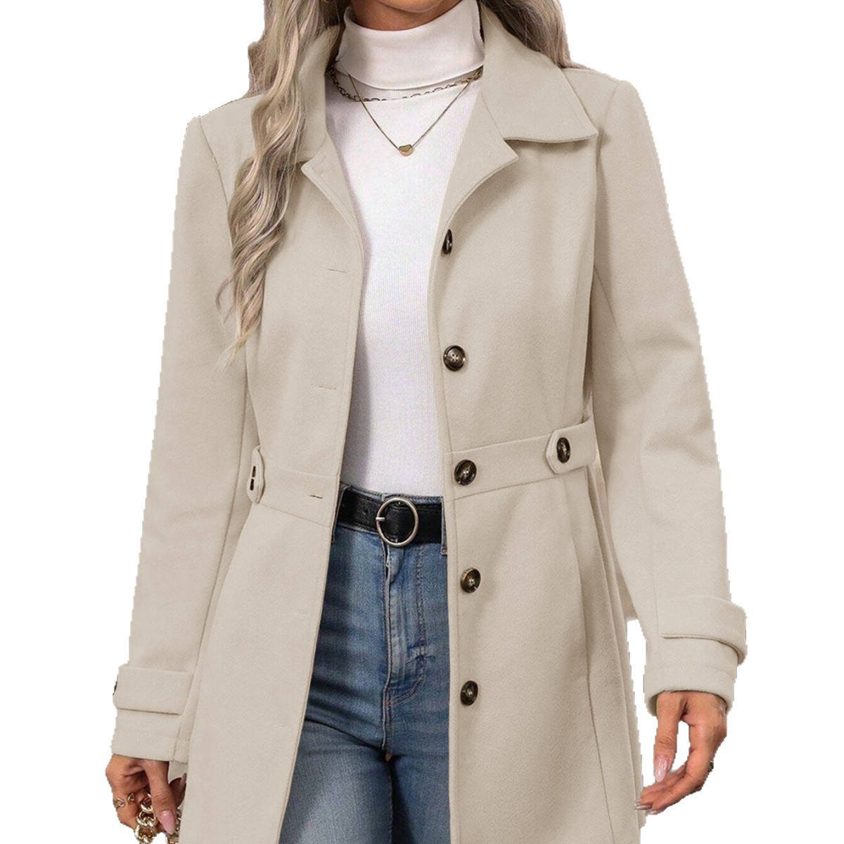 Cross-Border 2026 Autumn and Winter New Mid-Length Elegant Woolen Coat with Lapel and Buttons, Slim Fit Woolen Jacket