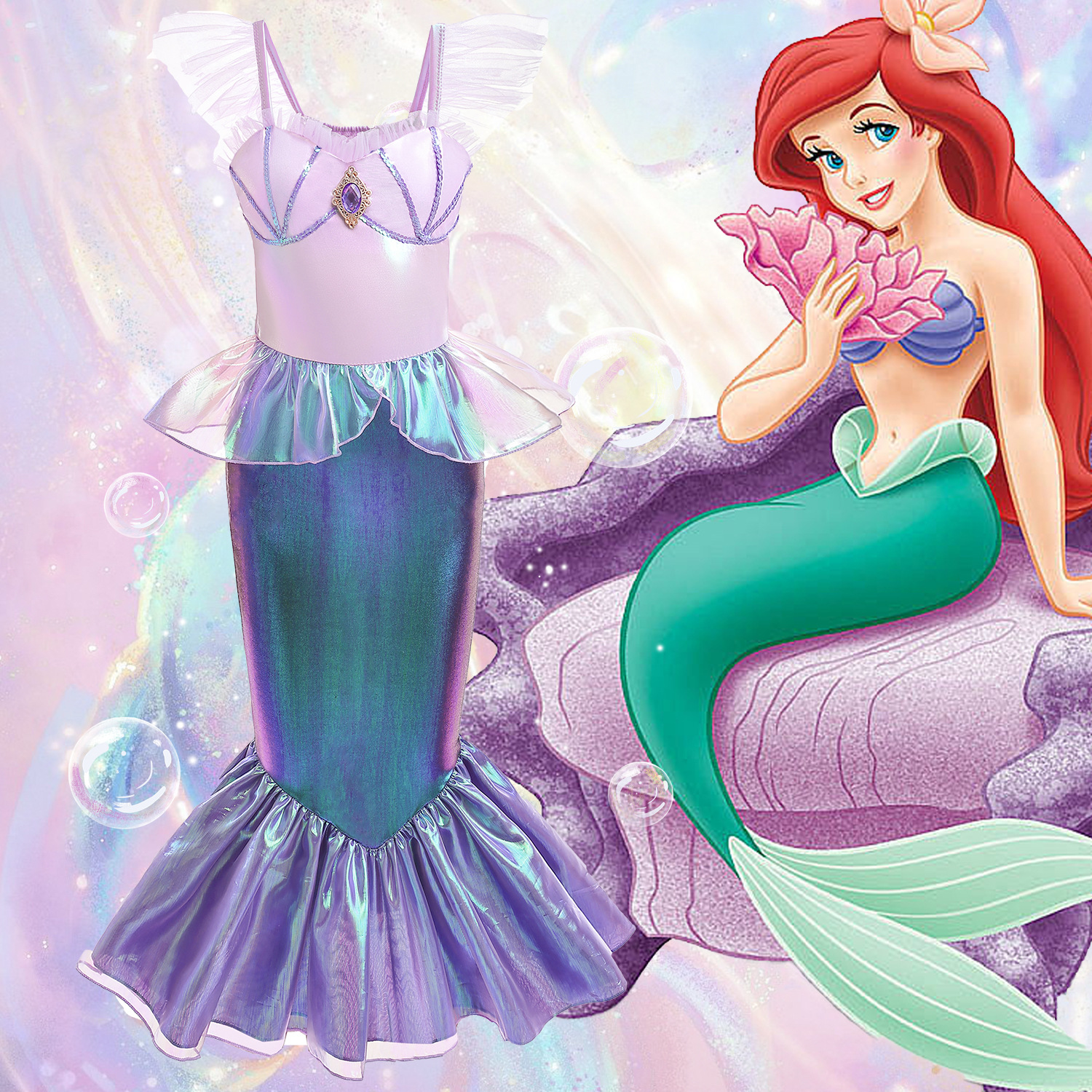 Nuevo vestido de sirena para niños estilo INS de las niñas color sirena que cambia de color Vestido de manga voladora Vestido de una sola pieza para niños