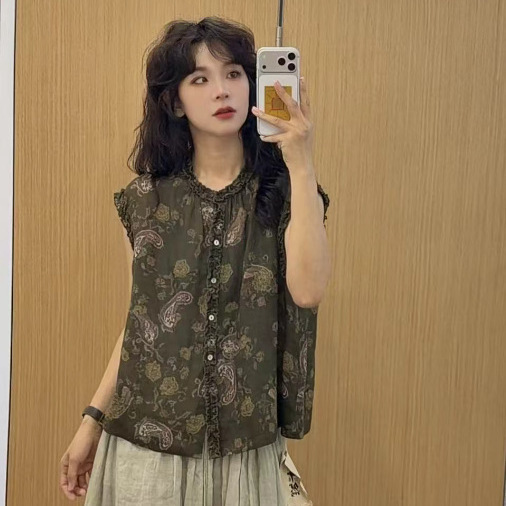 Vintage Ruffled Hem Tie-Dye Ramie Sleeveless Shirt 2026 Artistic Japanese Style Round Neck Versatile Loose Cardigan Top for Women