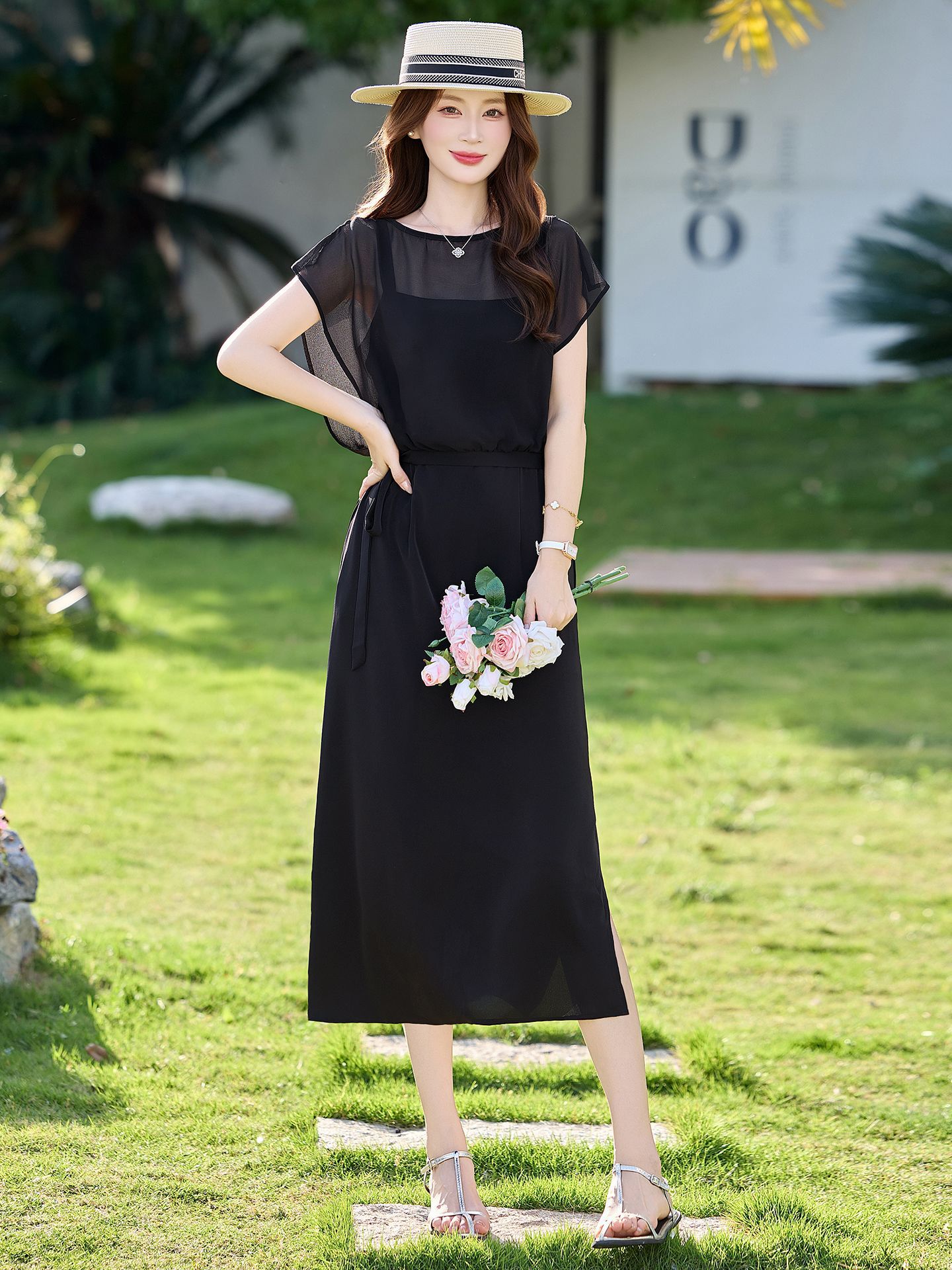 Đầm chữ A eo thắt dây tay ngắn cổ điển dáng midi — màu đen, Điểm sóng