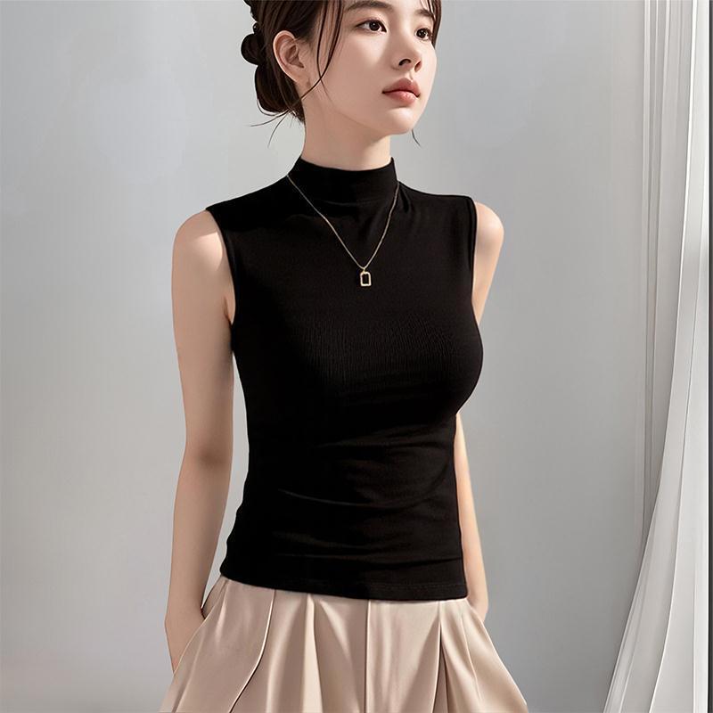 Elegant Half-High Collar Sleeveless Vest for Women, Summer 2025 New Black Knitted Ribbed Inner Layer Mid-Neck Base Top