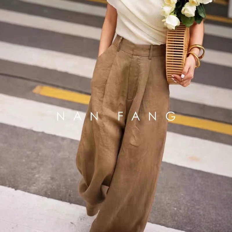 Highly Recommended! Women's Coffee-Colored Linen Wide-Leg Pants, High-Waisted, Drapey Casual Pants with a Stylish Design, Cotton-Linen Long Pants Highly Recommended! Women's Coffee-Colored Linen Wide-Leg Pants, High-Waisted, Drapey Casual Pants with a Stylish Design, Cotton-Linen Long Pants