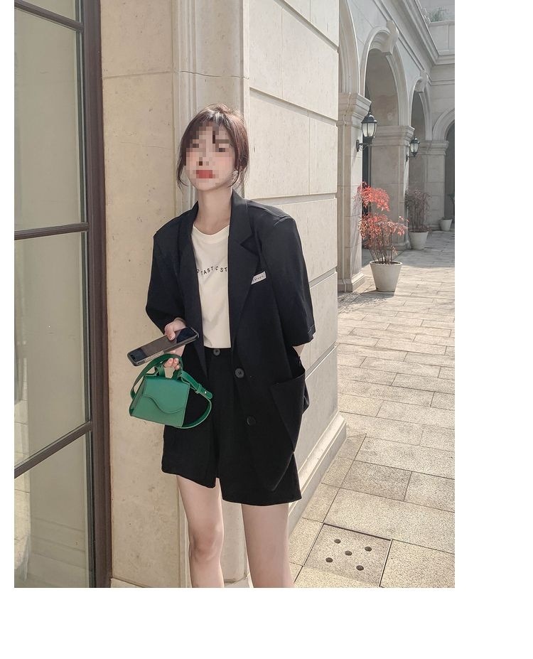Bộ blazer nữ tay ngắn kèm quần short Hàn Quốc mỏng nhẹ mùa hè — Màu đen [Vải], Cỏ xanh [Vải], Gạo trắng [Vải], Màu hồng [Vải] chi tiết 13