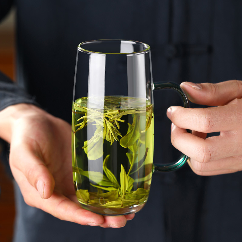 Glass Cup with Handle Office Drinking Cup High-grade Transparent Heat-resistant Green Tea Cup Houkui Special Tea Cup