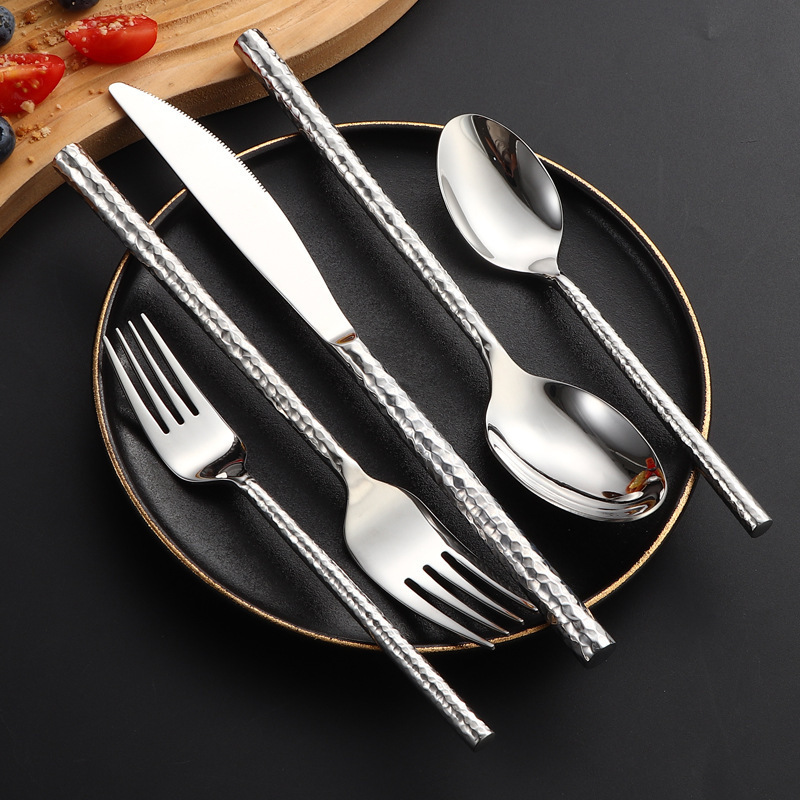 Amazon 304 High-end Hammer Round Handle Full Inspection Hotel Western Steak Knife, Fork and Spoon 5 Pieces suit Stainless Steel Tableware