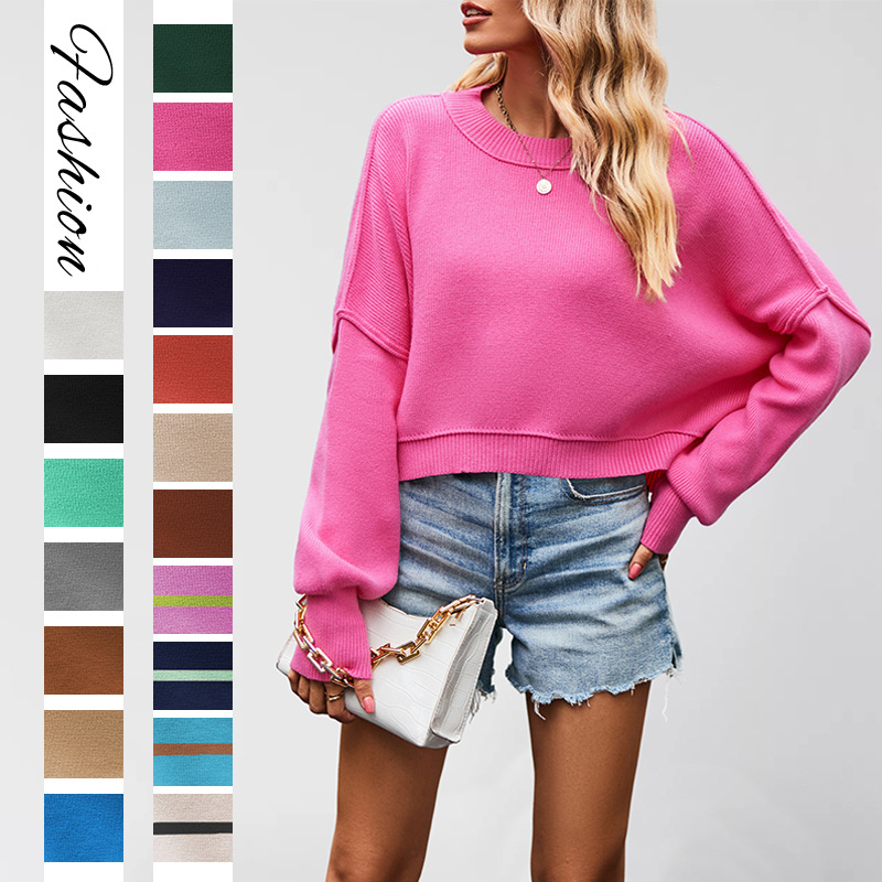 Suéter de punto holgado de color liso con cuello redondo para mujer, nueva moda europea y americana de otoño/invierno 2026, para comercio exterior.