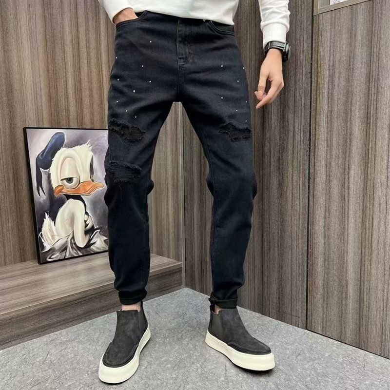 Casual Scratched American High Street Style Loose Wide-Leg Pants For Women Men, Autumn Black And Gray Trendy_mkmklike.com