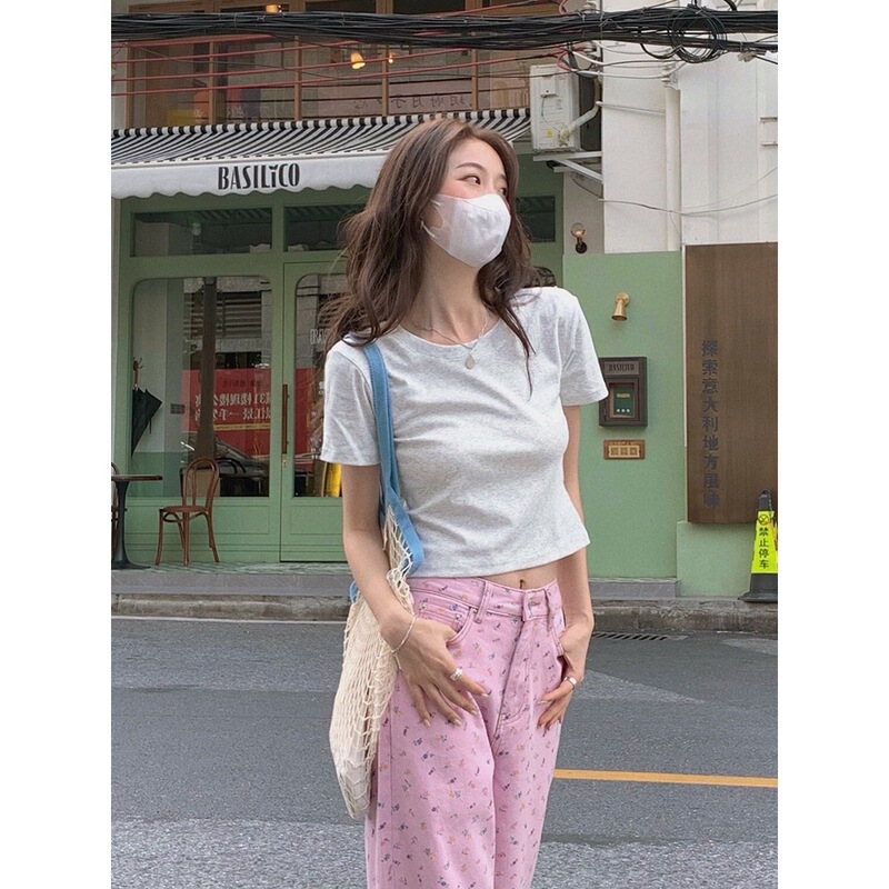 Special Offer: 92% Cotton, 8% Spandex, Slim-Fit, Regular Shoulder Short-Sleeve T-Shirt for Women, Summer Short Style, High-Waisted American-Style Trendy Top