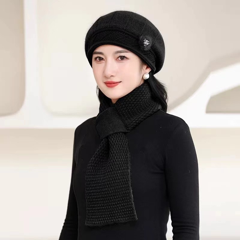 中老年人兔毛针织帽子女士秋冬季时尚加厚保暖妈妈贝雷毛线帽围巾|undefined