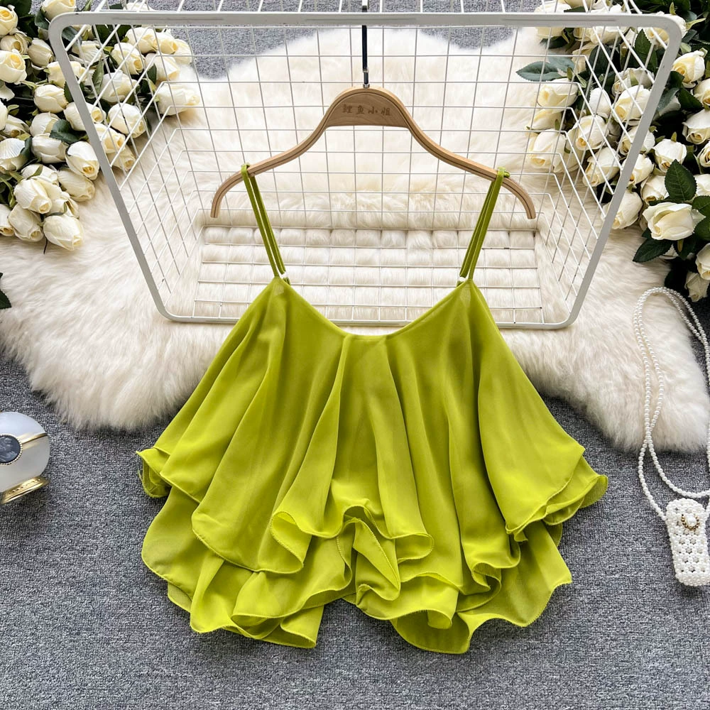 Off-shoulder Ruffled Chiffon Blouse, Double-Layer Sleeveless, 2022 Summer, One Size