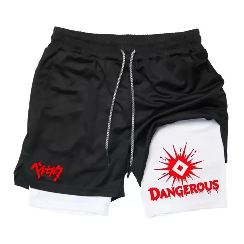 Men's Fitness Compression Shorts, 2D Printed Sports Pants, Double-Layer Design, Quick-Drying and Breathable, Beach