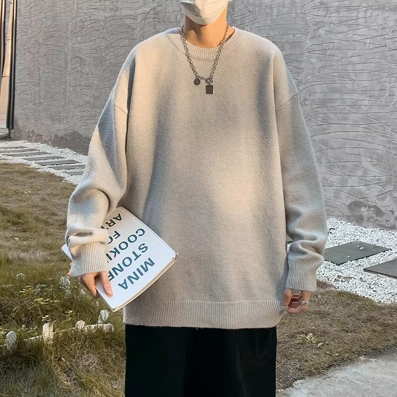 Round neck solid color sweater men's autumn and winter top youth loose Hong Kong style thick sweater men's all-match simple sweater
