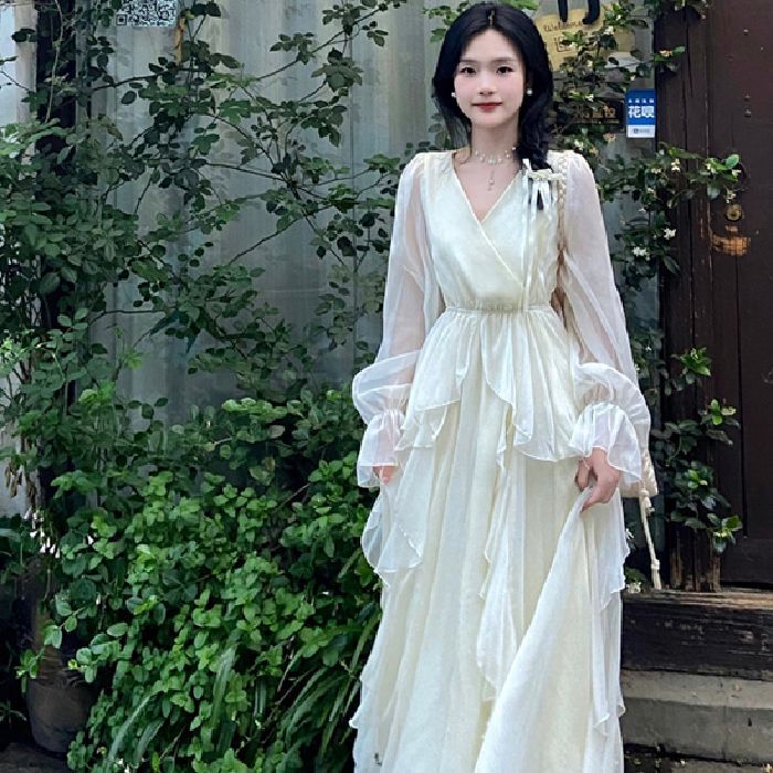 優しいスタイルのドレス、妖精、スーパーフェアリー、高級フレンチスタイル、海辺の休暇、アプリコットの長袖スカート、春と秋のスタイル|undefined