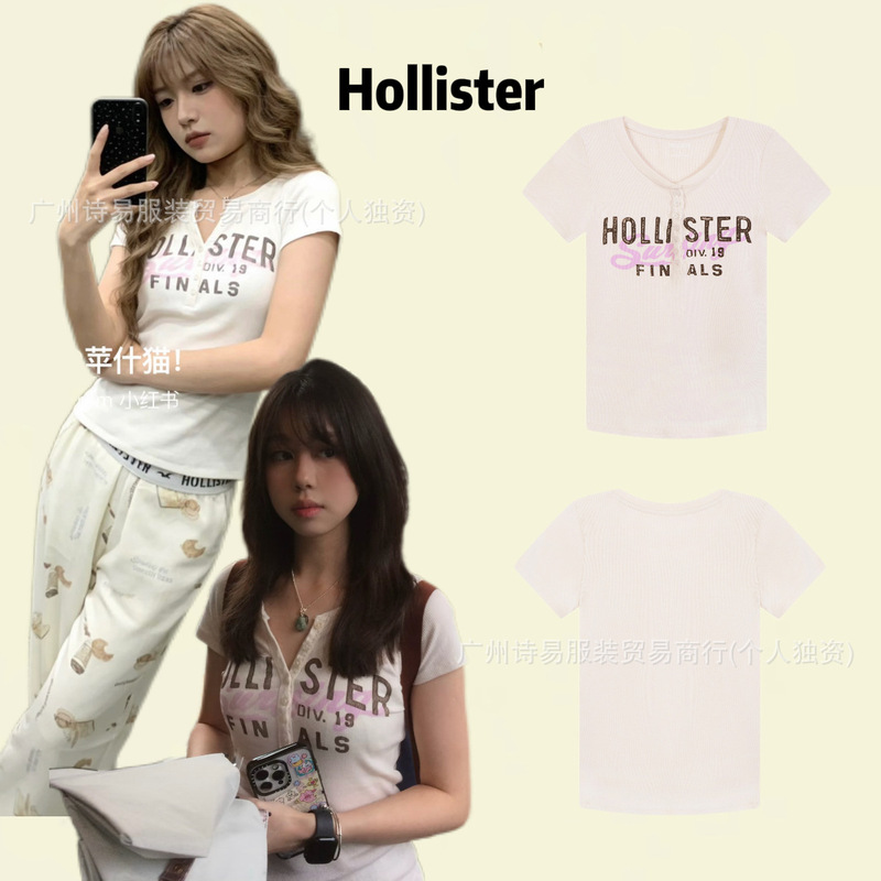 Korean Trendy Brand Hollister Little Seagull Classic Henley Collar Letter Print Slim-Fit Short-Sleeve T-Shirt for Women Korean Trendy Brand Hollister Little Seagull Classic Henley Collar Letter Print Slim-Fit Short-Sleeve T-Shirt for Women