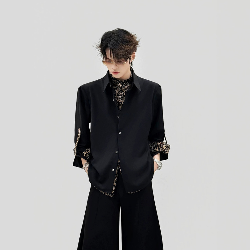 Black faux two-piece leopard print patchwork shirt, men's high-end, stylish long-sleeve shirt, men's model outfit, stylish top