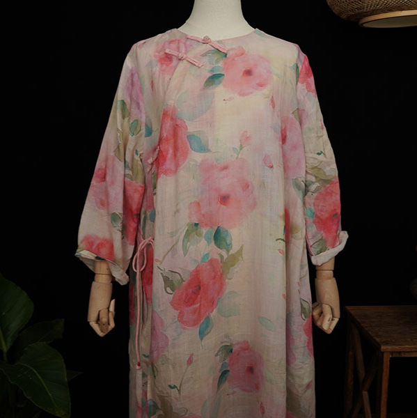 2025 New Summer Style Retro Ramie Single-Layer Round Neck Hand-Buttoned Full Side-Opening Cheongsam Skirt 221112