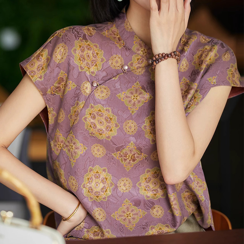 Ziqidonglai Xiangyunsha Jacquard Silk Shirt New Chinoiserie Cheongsam Top Red Cloud Yarn Mulberry Silk Women's Summer Clothing