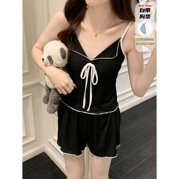 Venta al por mayor transfronteriza con almohadilla fija para el pecho verano nuevo pijama mujer seda de hielo dulce servicio a domicilio estilo princesa traje francés