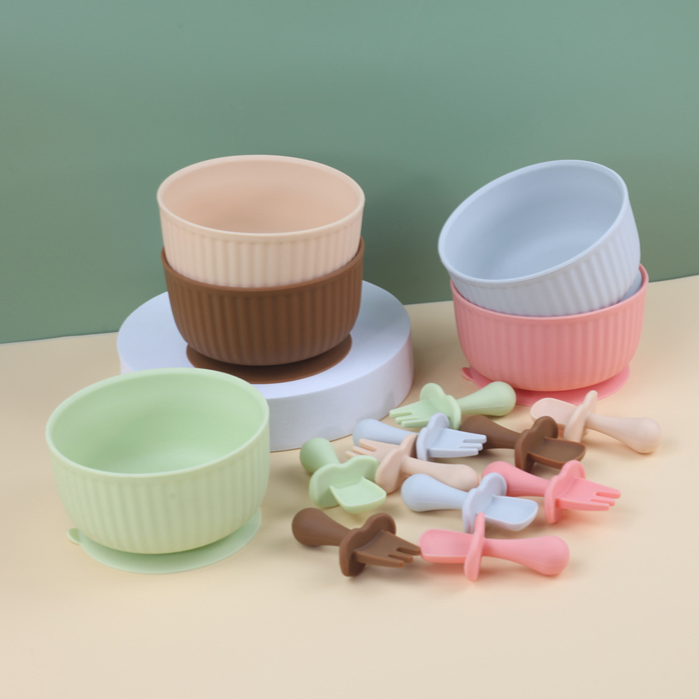 Amazon Striped Silicone Bowl with Set Striped Bowl Baby Food Bowl Suction Bowl Short Handle Full Silicone Spoon