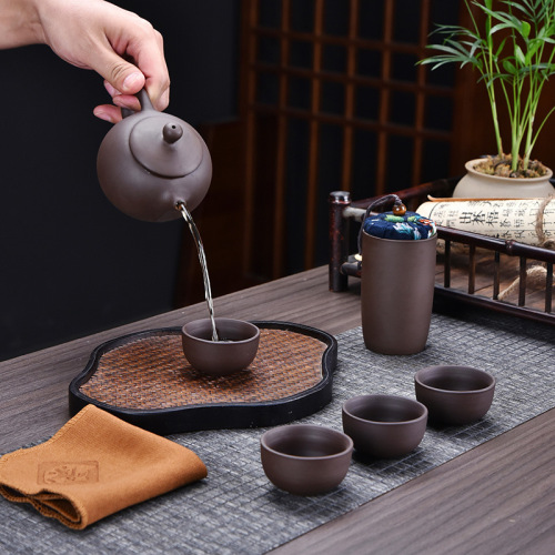 Zisha Travel Tea Set with 1 Pot and 4 Cups, Ceramic Tea Set with Tea Canister, Outdoor Portable Tea Set, Festival Gift with Logo