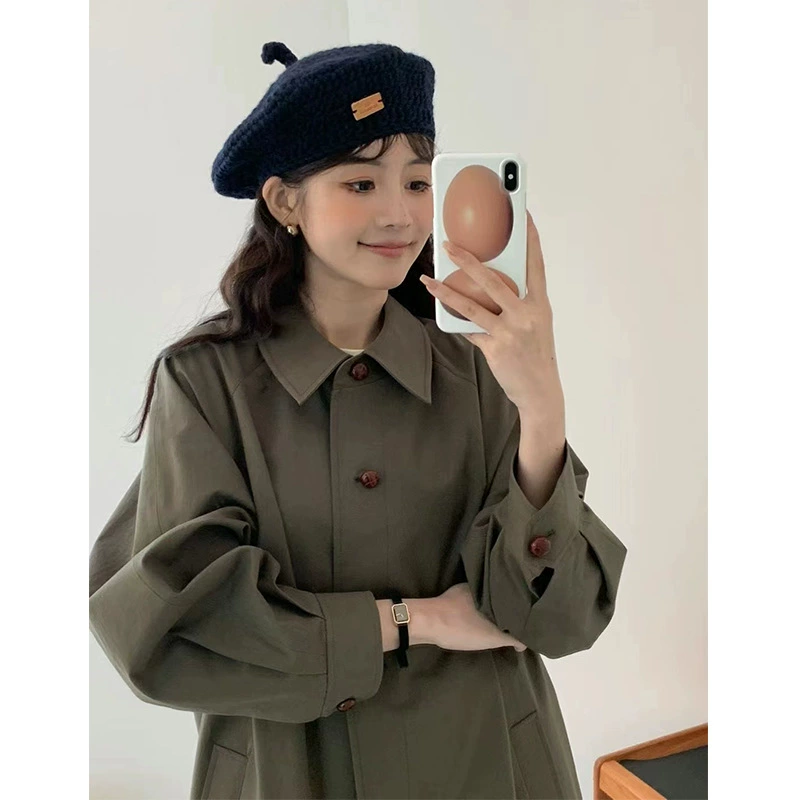 Плащ (женщинам) южнокорейский ретро A-силуэт, oversize, с рукавами, one size, зеленый/темно-синий/перец