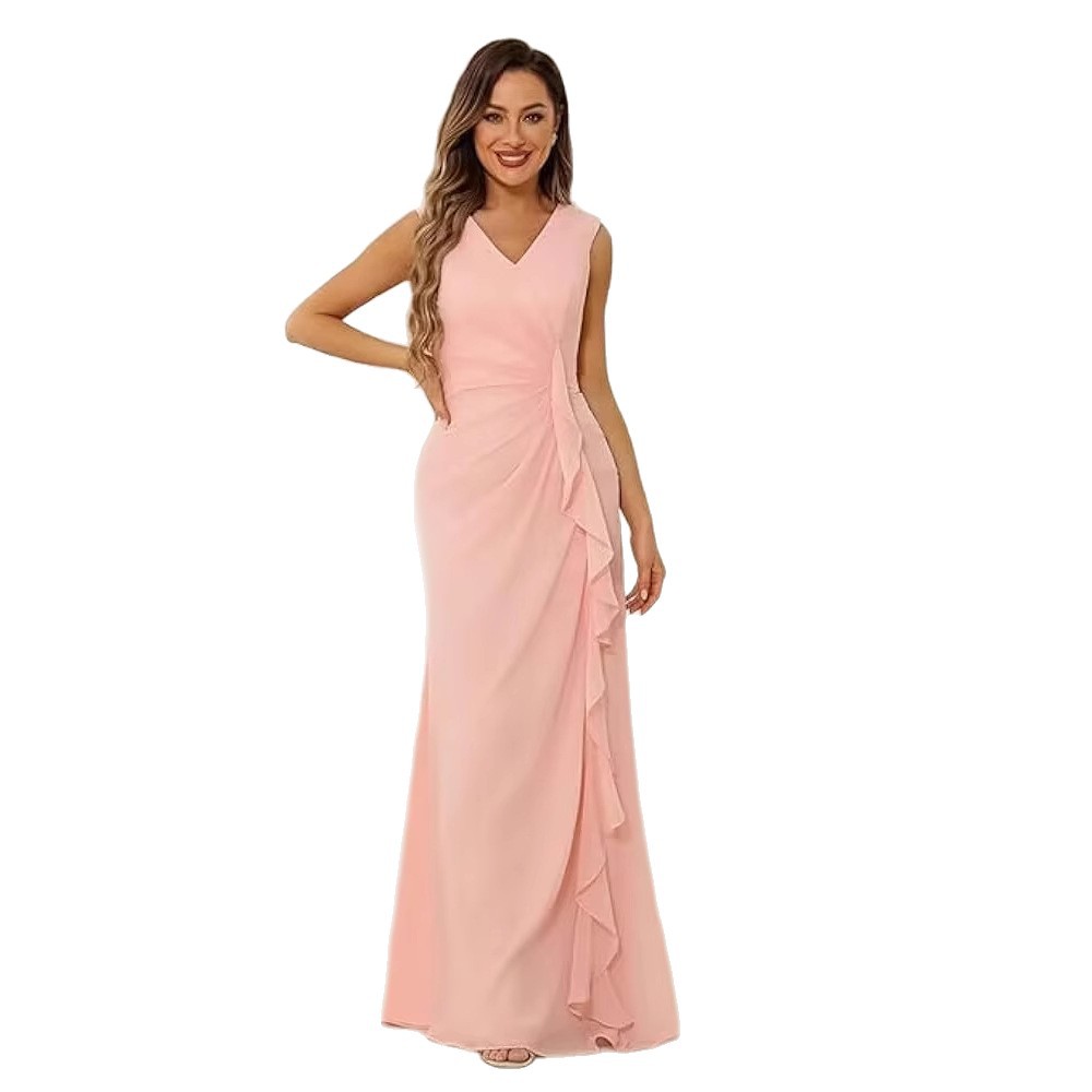 Europa y América Amazon novia madre vestido de boda talla grande gasa con cuello en V novio madre vestido de fiesta