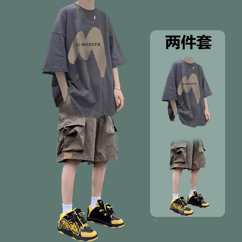 Summer short sleeve casual suit student trend loose T-shirt with handsome work shorts boyfriend style set